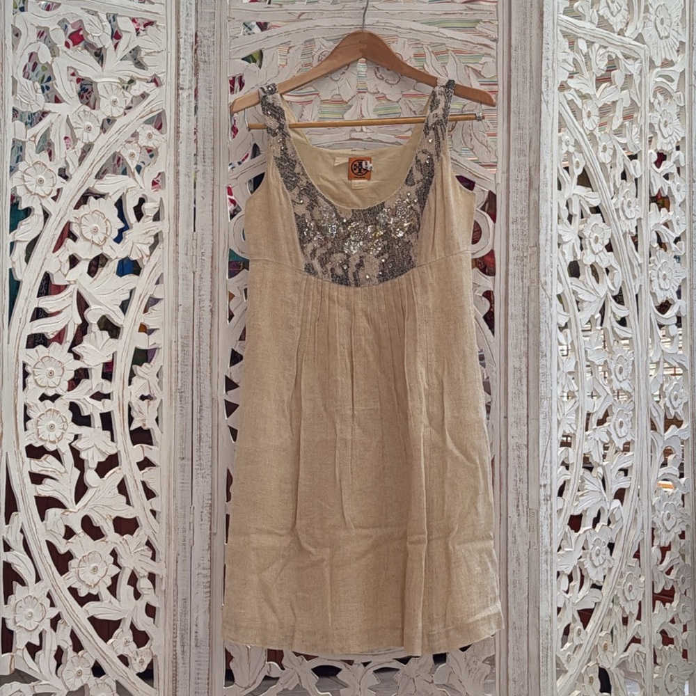Tory Burch Lightweight Sequined & Beaded Linen Cotton Coastal Dress – Size 6